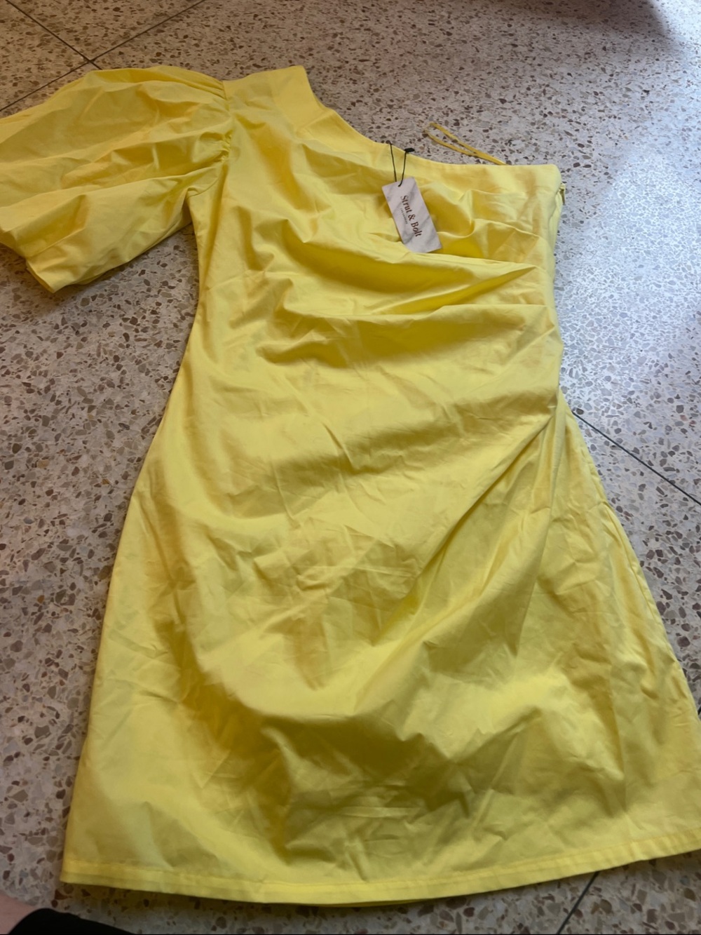 One-Shoulder Puff Sleeve Dress in Bright Yellow. NWT